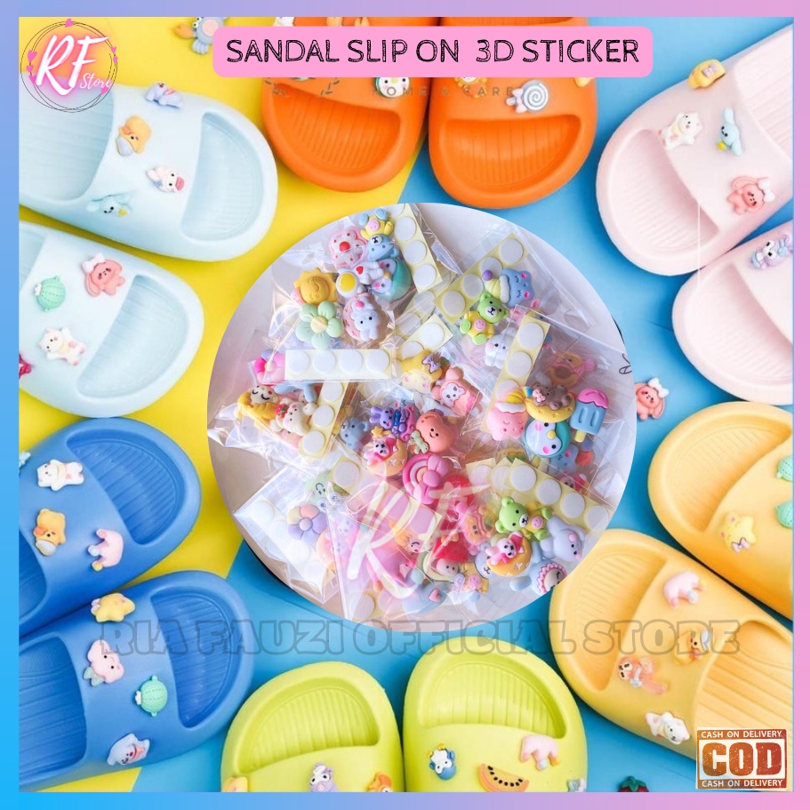 Sandal Slip On Wanita 3D Stiker Sandal Kekinian Viral Tiktok Sendal Karet Empuk Sendal Selop Sendal 