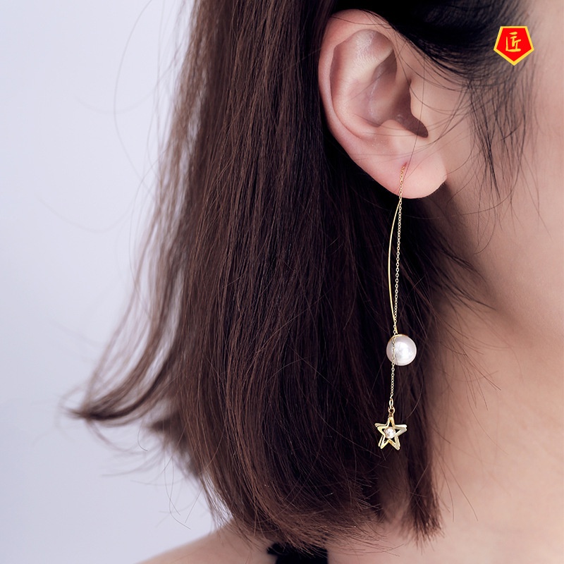 [Ready Stock]Refined Long Tassel Pentagram Pearl Earrings
