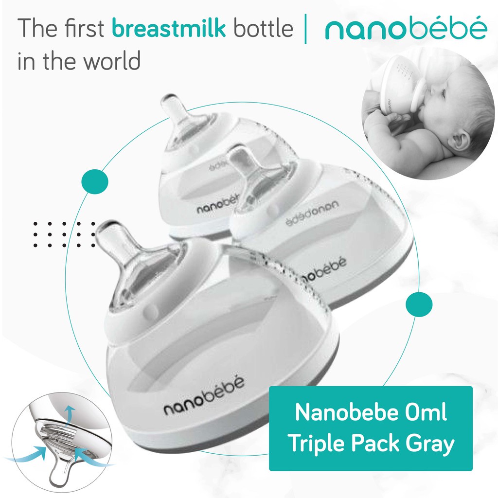 NANOBEBE - NANOBEBE 240ML TRIPLE PACK GRAY - BOTOL SUSU BREAST MILK BABY BOTTLE