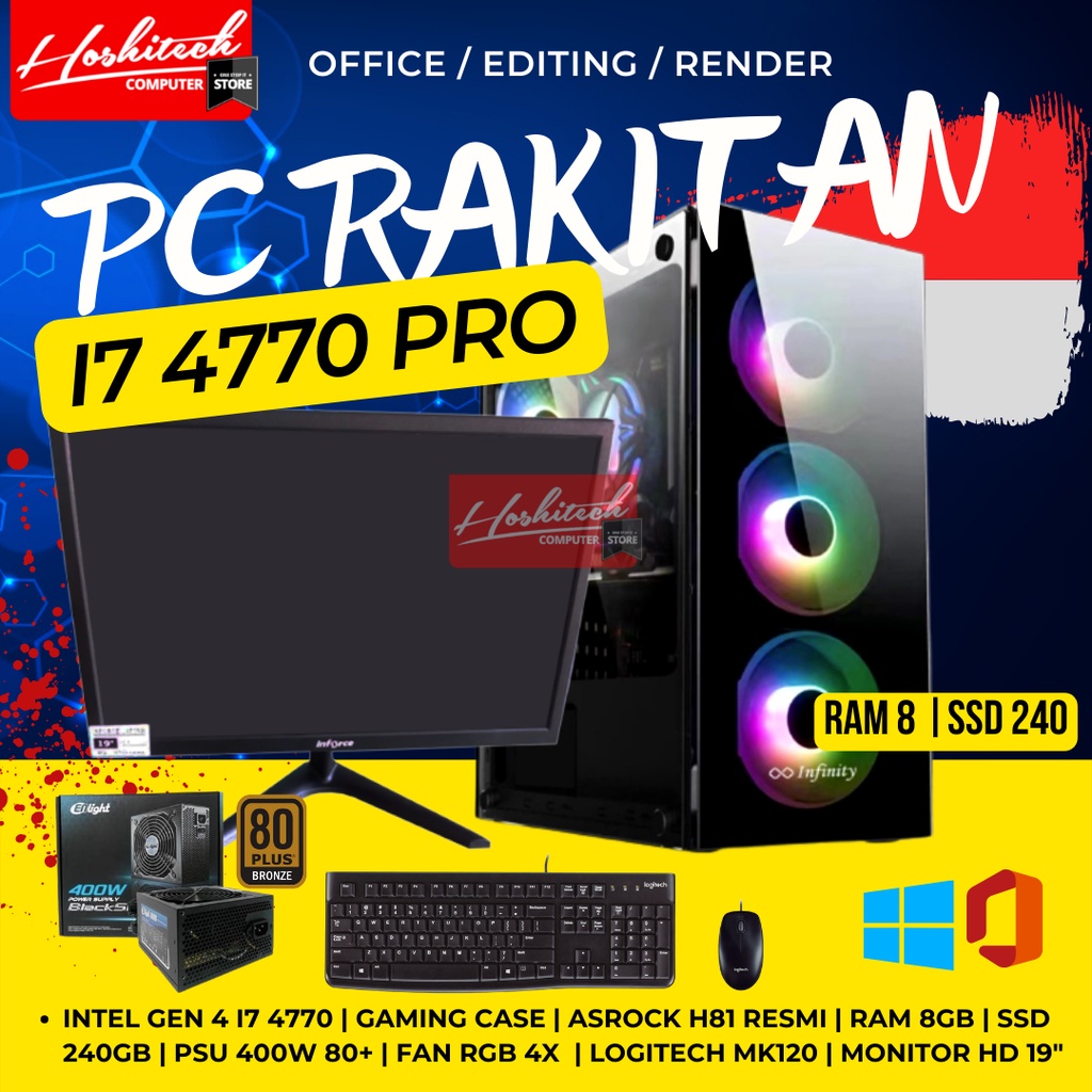 PC RAKITAN I7 PRO EDITING 4770 RAM 8GB SSD 512GB MONITOR 19 INCH MURAH