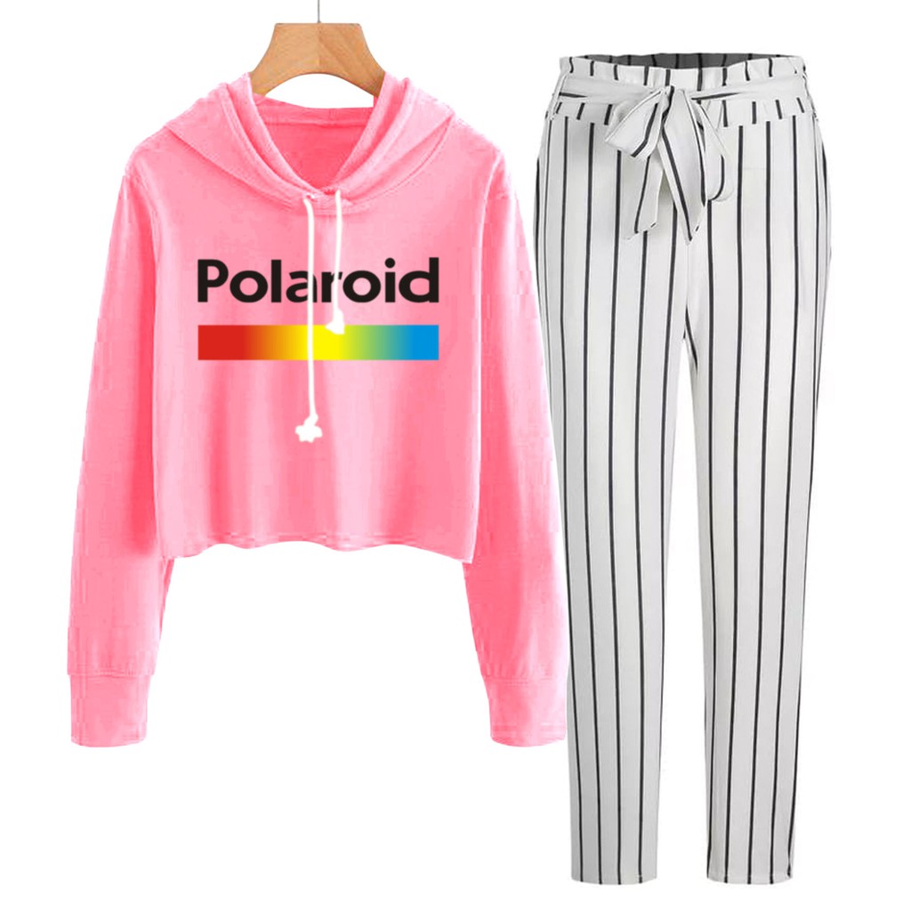 BESS - Baju Setelan Wanita Murah / Setelan Hoodie Crop + Celana Salur Putih - POLAROID