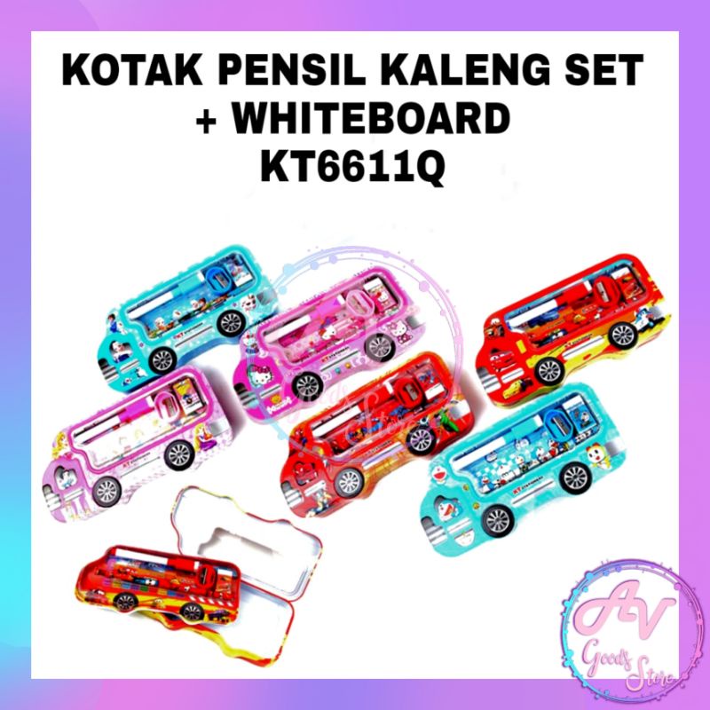 

KOTAK PENSIL KALENG SET + WHITEBOARD BUS KT6611 / TEMPAT PENSIL KALENG + SET ALAT TULIS KARAKTER FANCY