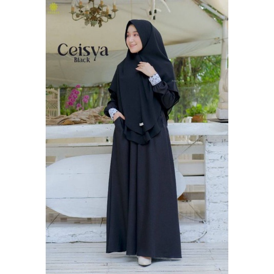 Ceisya Dress by Ragela Hijab - Special Baju Gamis Hitam Putih Haji Umrah Umroh