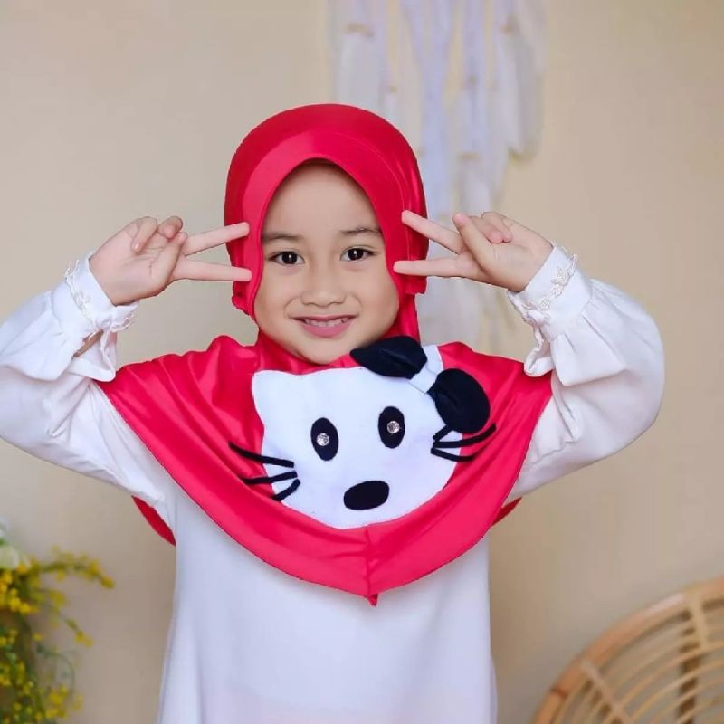 kerudung Sherly Motif Kucing anak instant Premium 3th - 6 tahun terbaru | jilbab lucu bayi Perempuan sekolah tk 4 - 5 thn | hijab Tanggung baby sd bahan jersey lembut adem