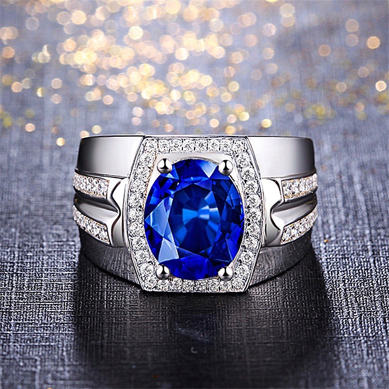 Cincin Pria Akik Safir Biru Ring Warna Perak Zircon Blue Saphire