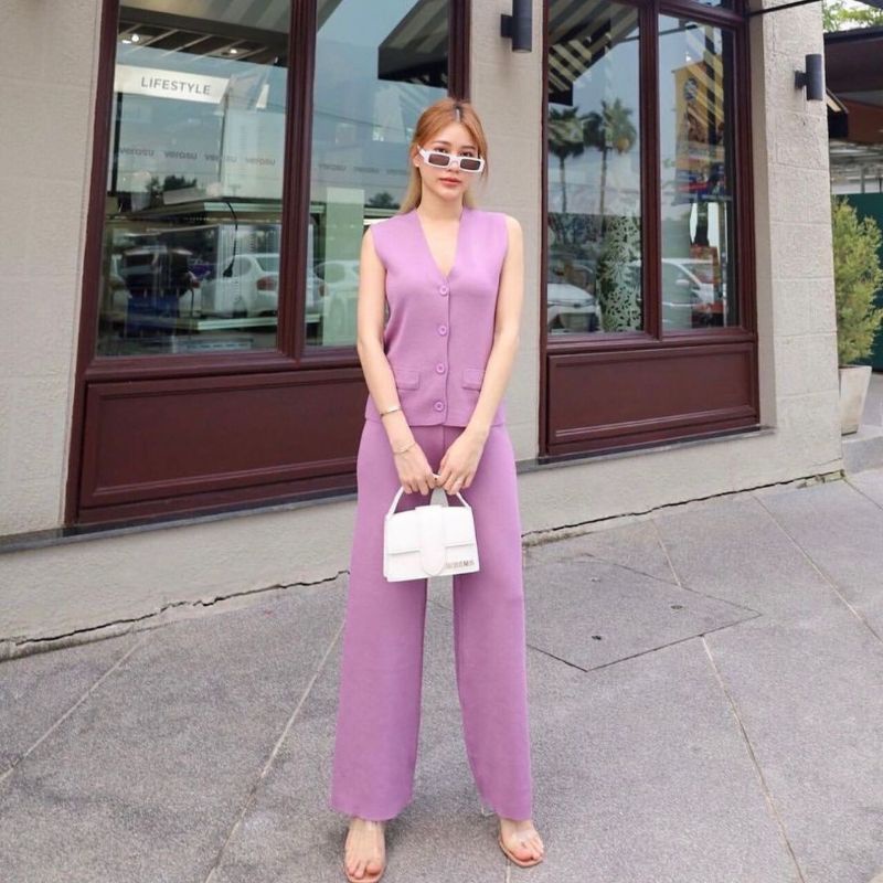 STT6659 setelan wanita rajut celana panjang import