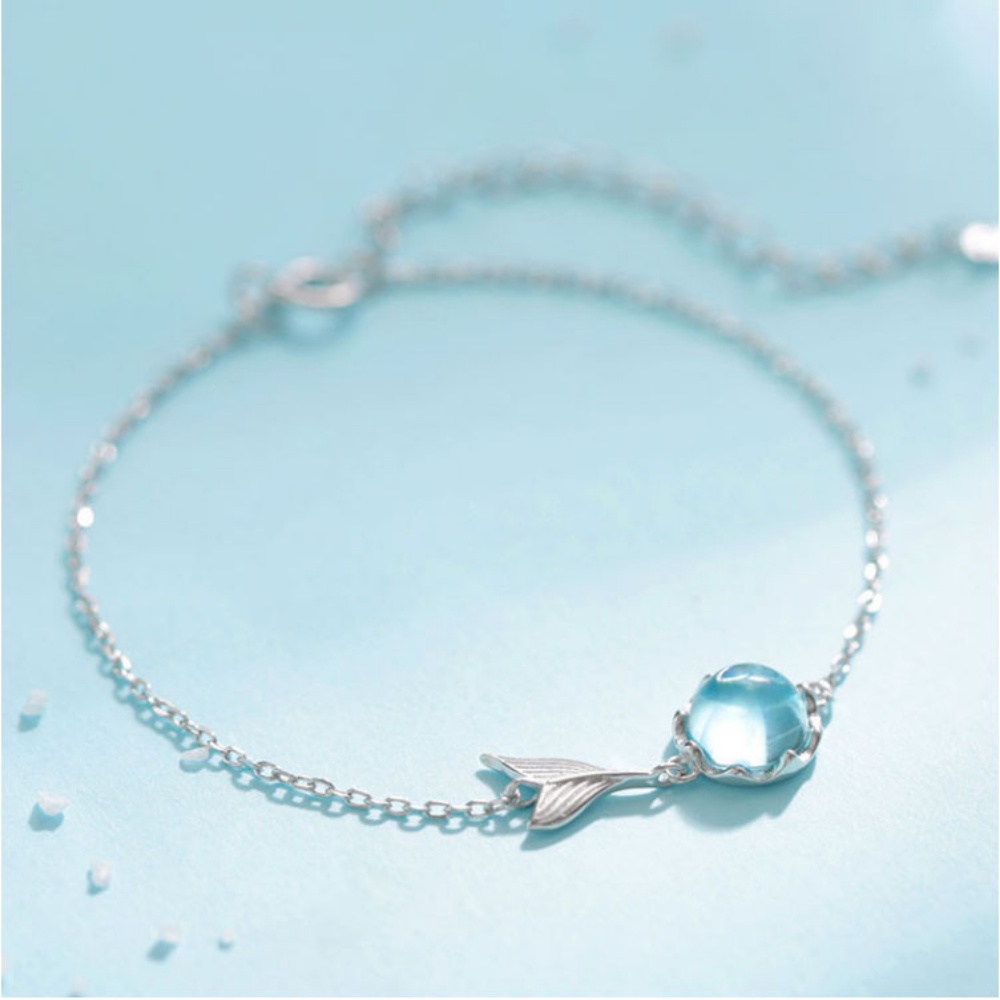 Gelang Silver S925 Hias Ekor Mermaid Warna Biru Gaya Korea Untuk Wanita