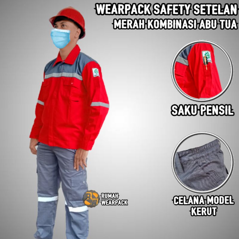 Wearpack Proyek  dan Celana Kerja Setelan Warna Merah Kombinasi Abu Tua