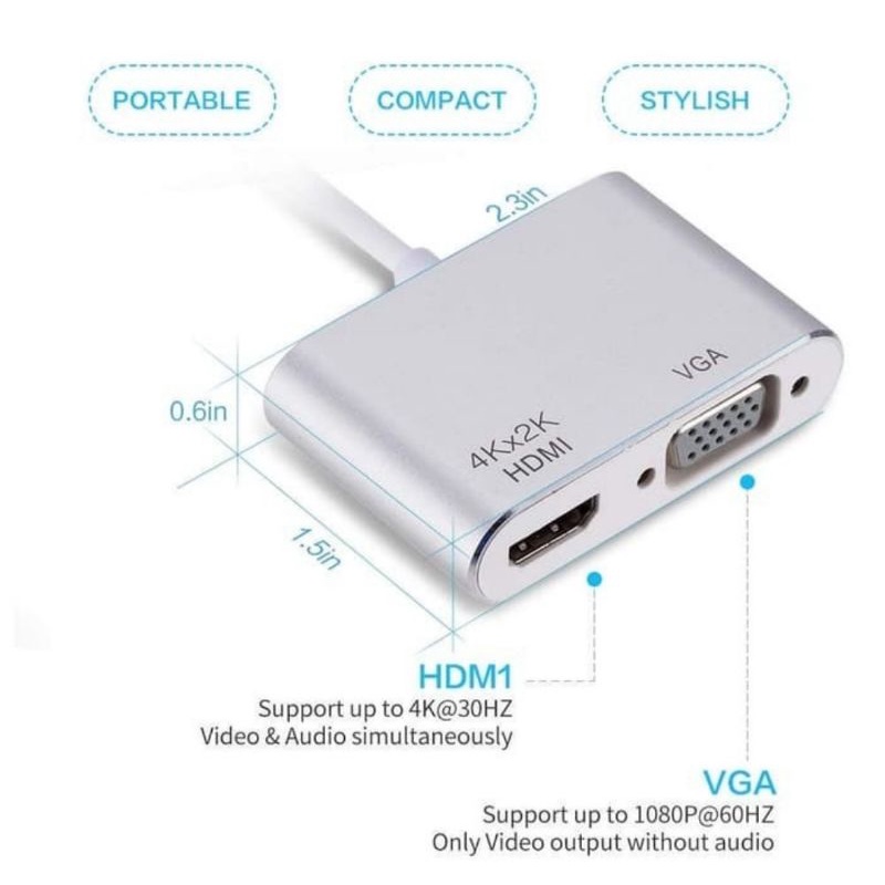 CONVENRTER USB TIPE C TO HDMI DAN VGA ADAPTER 2IN1 TIPE MACBOOK