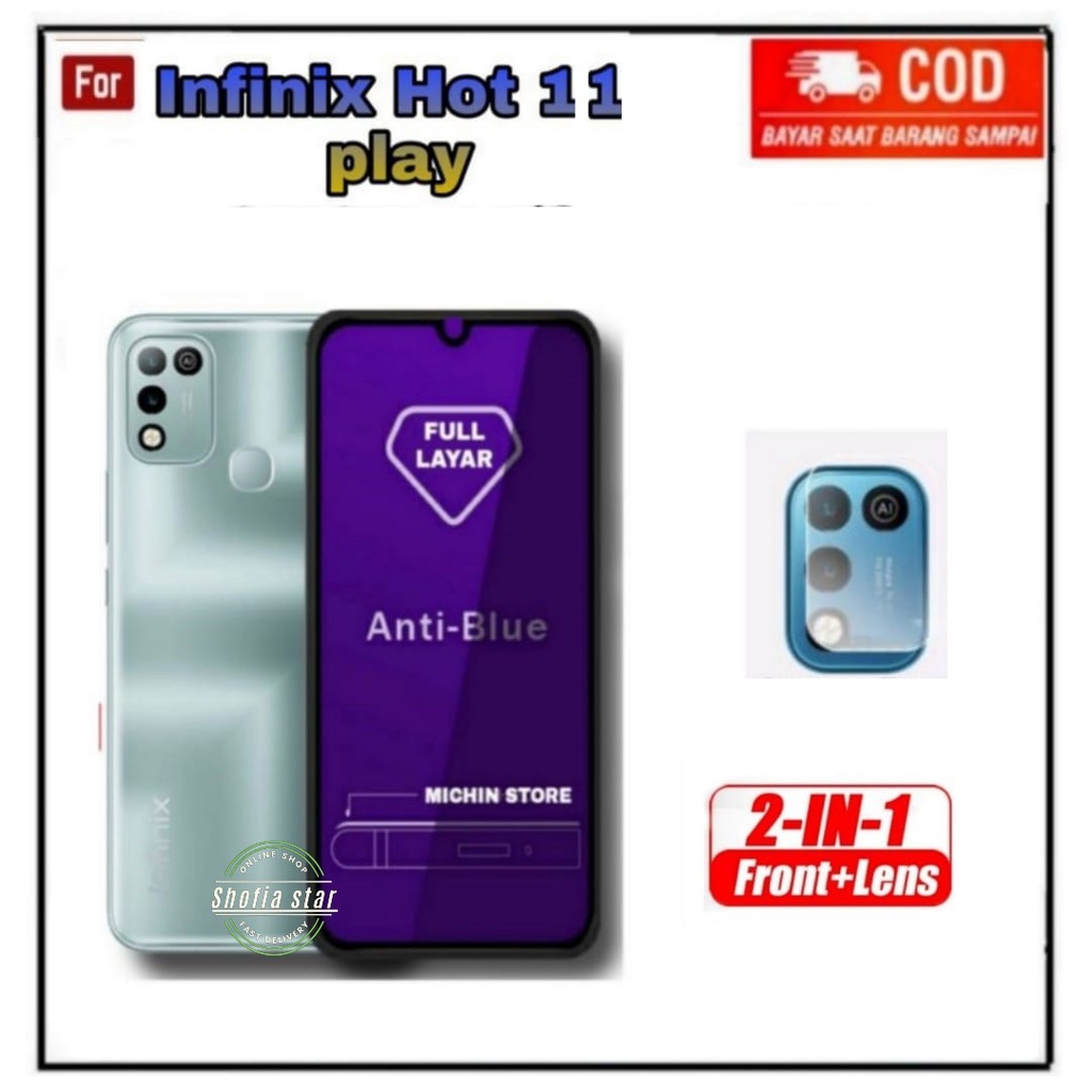 PAKET 2IN1 TEMPERED GLASS BLUE LIGHT INFINIX HOT 11 PLAY TG LAYAR ANTI RADIASI KACA FULL COVER