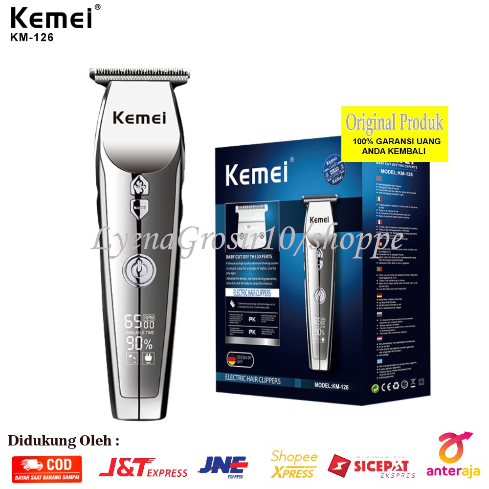 Hair Clipper Rambut Kemei km 126 Mesin Cukur Electrik Chrome Stainles LCD