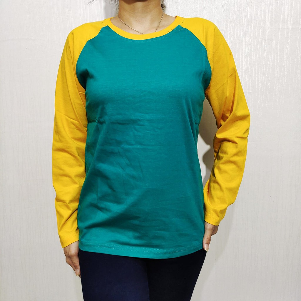 kaos polos raglan hijau tosca lengan kuning panjang M L XL XXL