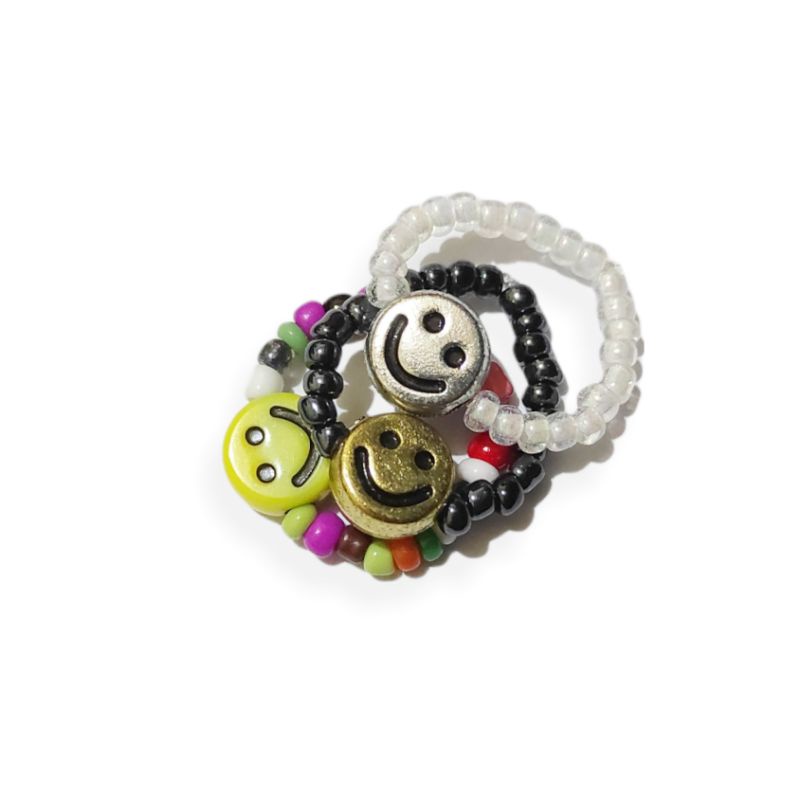 Cincin Elastis Mote Senyum Smile Bohemian Glass Beads Ring Fashion Accessories Emoji