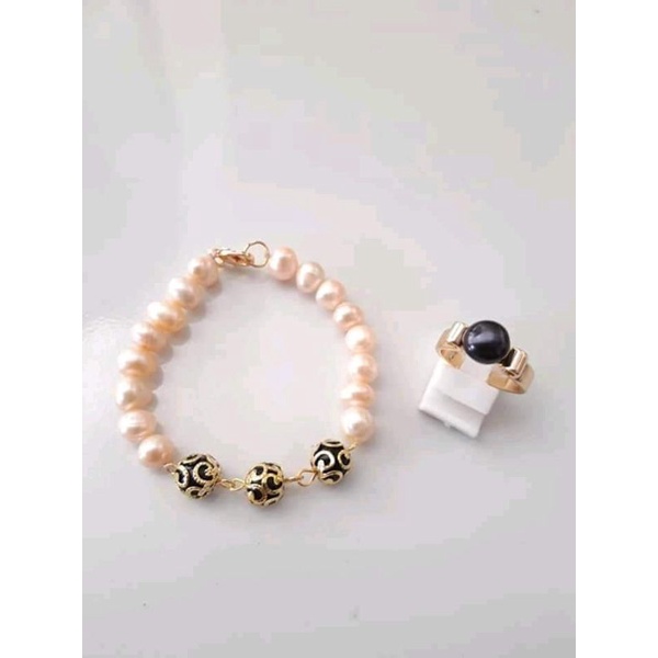 BERSERTIFIKAT GELANG CINCIN MUTIARA TAWAR LOMBOK ASLI RHODIUM GELANG GAYA INDIA HITAM PEACH