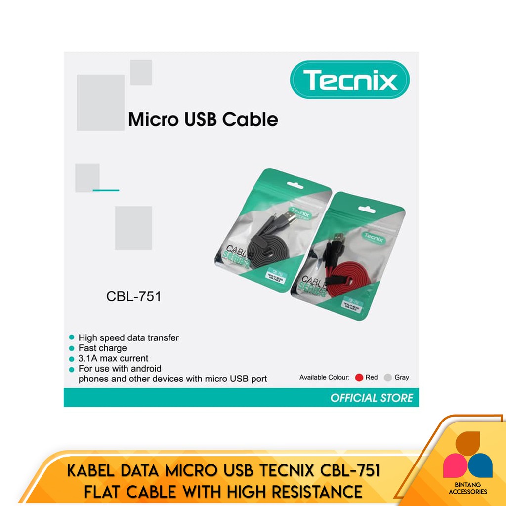 Kabel Data Micro Usb Tecnix CBL-751 Flat Cable with High Resistance Bending Cable