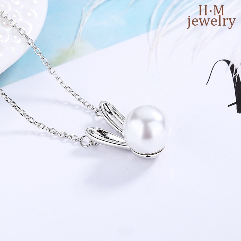 Kalung Mutiara Air Tawar Pendek Bentuk Telinga Kelinci Bahan S925 Silver