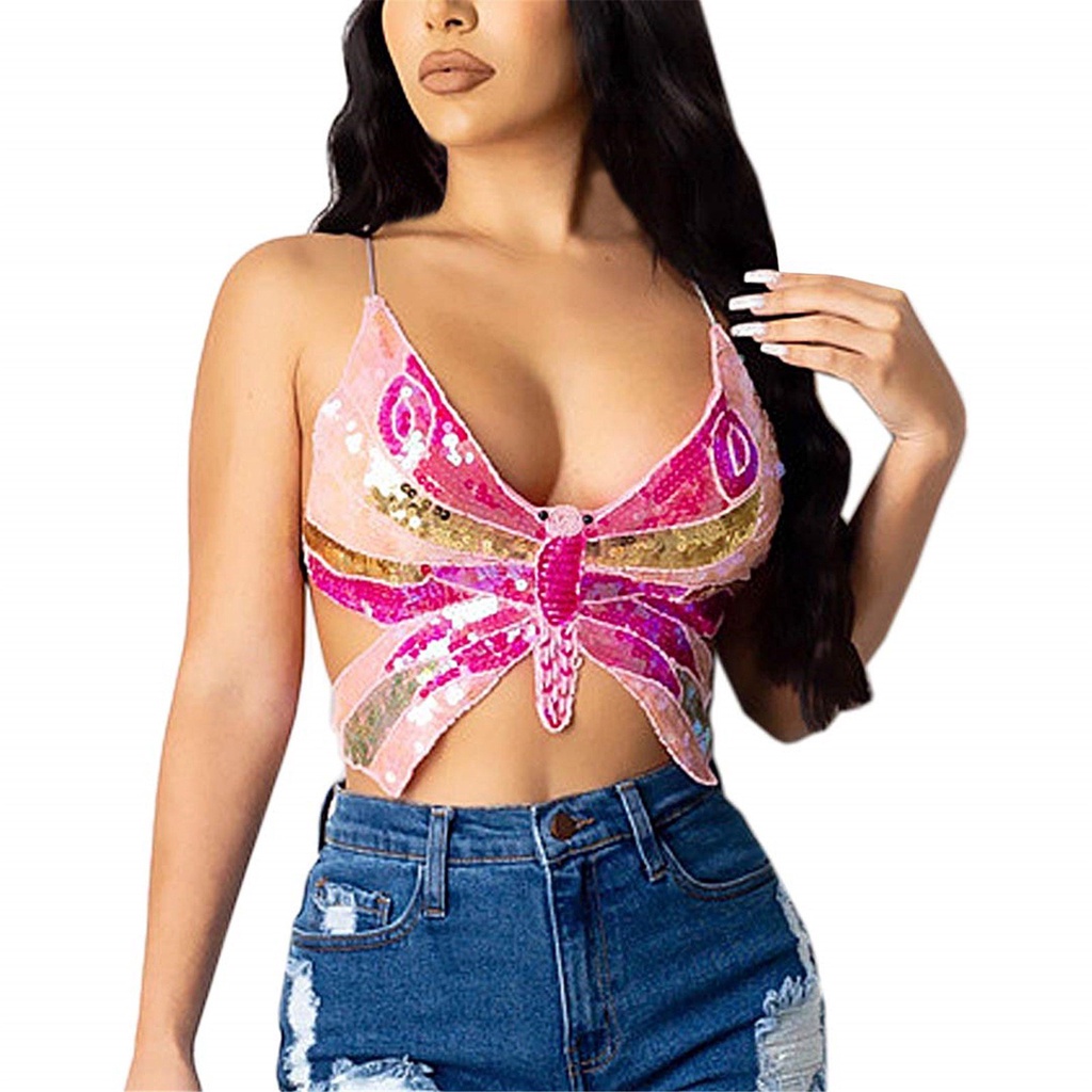 Sparkly Butterfly Sequin Crop Top Bandage Bra Belly Dance Vest Costume Outfits Vintage Party Camisol