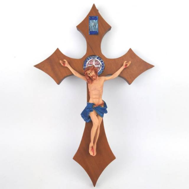 Salib Dinding 30 cm Medali Benedictus Kayu Unik Corpus Yesus St Benedict Hiasan Souvenir Rohani