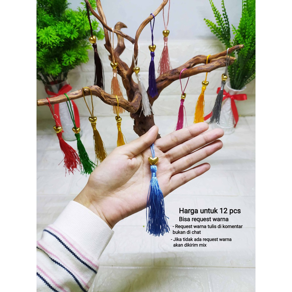 (12 Pcs) Tassel Benang Love Gold - Gantungan Tassel Benang Warna Warni