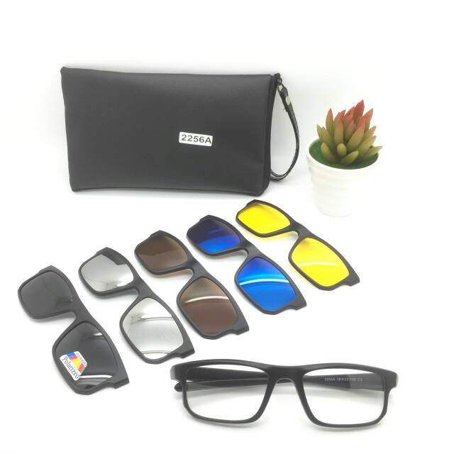 Frame Kacamata Plastik Klip On 5 lensa & Satu Lensa Polarized Warna Hitam ,Kacamata Minus & Plus