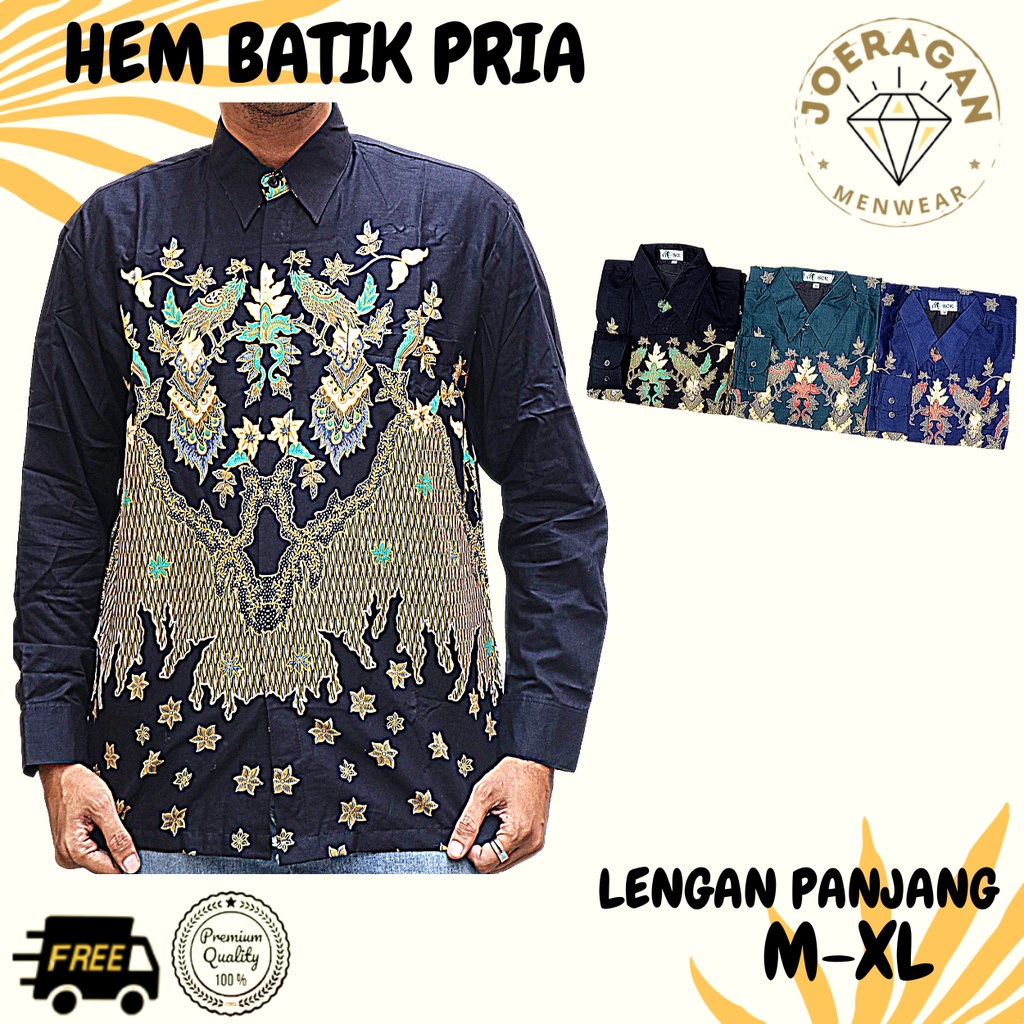 Kemeja Lengan PANJANG Batik Motif Bunga & Merak Size M-XL JUMBO / Hem Pria Bahan Sutra Halus Full Fu