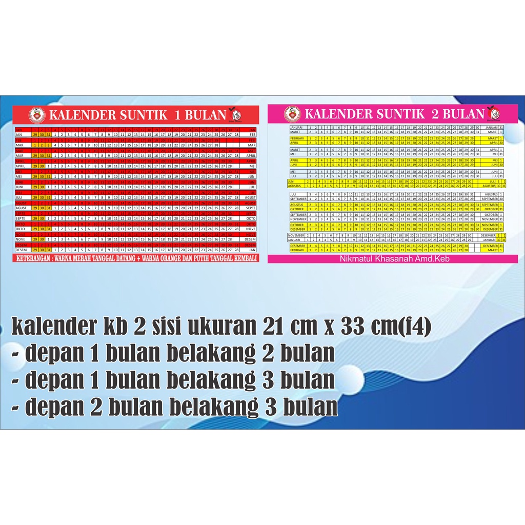 

Kalender KB 2 sisi (bisa 1 bulan dengan 2 bulan atau 3 bulan) f4