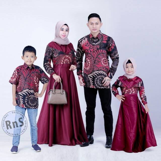 Baju Batik Couple keluarga Kemeja Gamis Batik kombinasi Polos