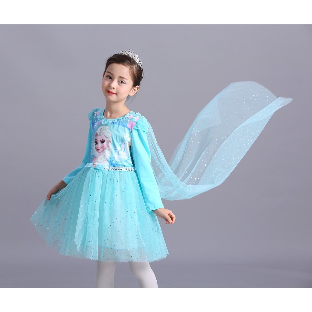 Dress Frozen Elsa Biru Rok Tutu Jubah Lengan Panjang Princess Kostum Import