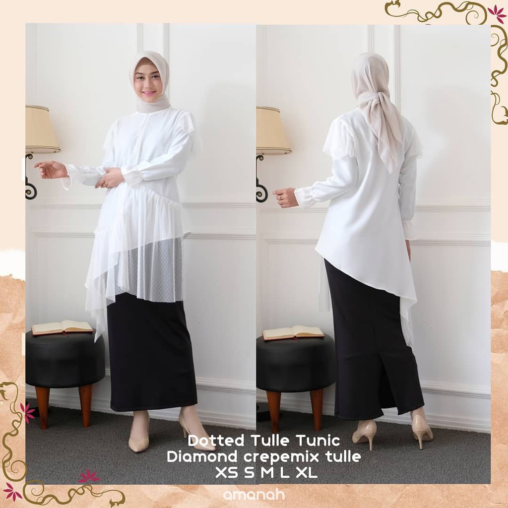 Atasan muslim, atasan tunik, tunik busui, tunik putih, tunik cantik, tunik pesta murah, dotted tulle
