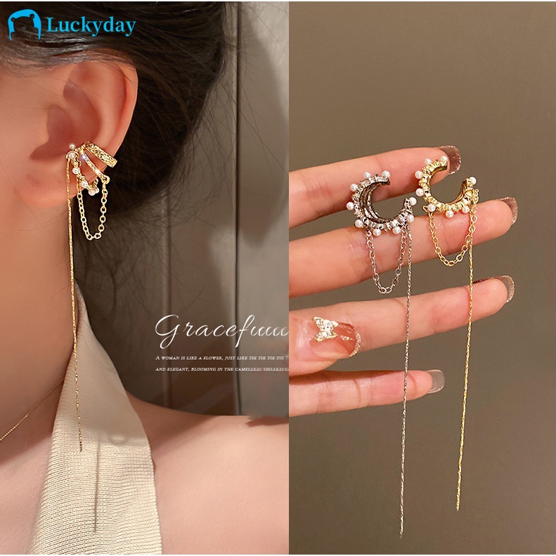 YEEZII Fashion Pearl Tassel Earrings Gold Silver Earring Non-pierced Ear Clips Pendant Earings for Women Accessories Jewelry