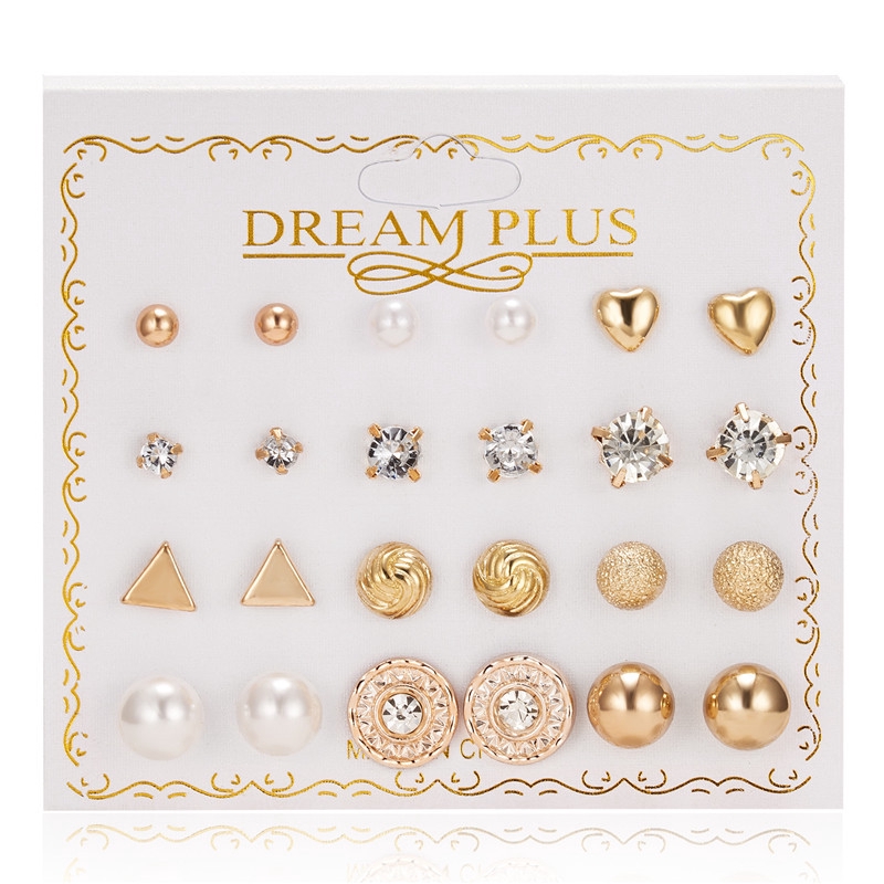 12 Pasang/Set Anting korea Tusuk Model Mutiara Intan Bentuk Bulat Gaya Korea Untuk Wanita Earrings piercing aksesoris wanita-3