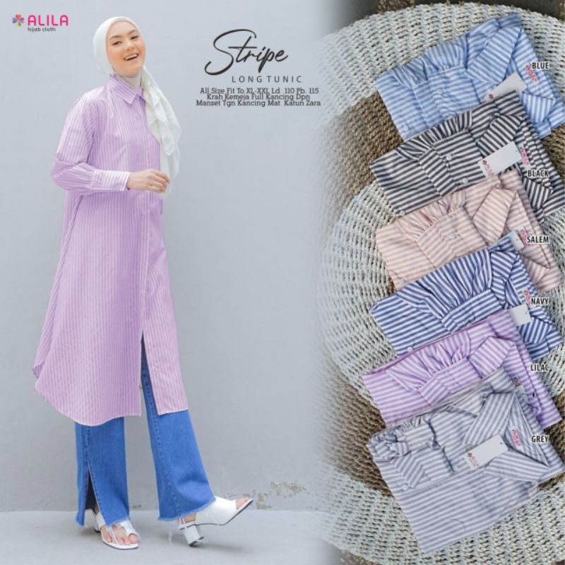 STRIPE LONG TUNIC BY ALILA ATASAN KEMEJA KATUN FULL KANCING LD 110