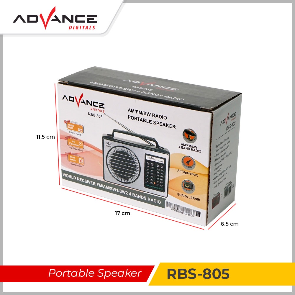 Radio ADVANCE RBS-805 FM / AM / SW1 / SW2 4 Band Speaker Radio - Baterai atau listrik