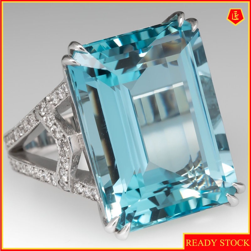 [Ready Stock]Inlaid Sea Blue Topaz Square Diamond Ring Fashion