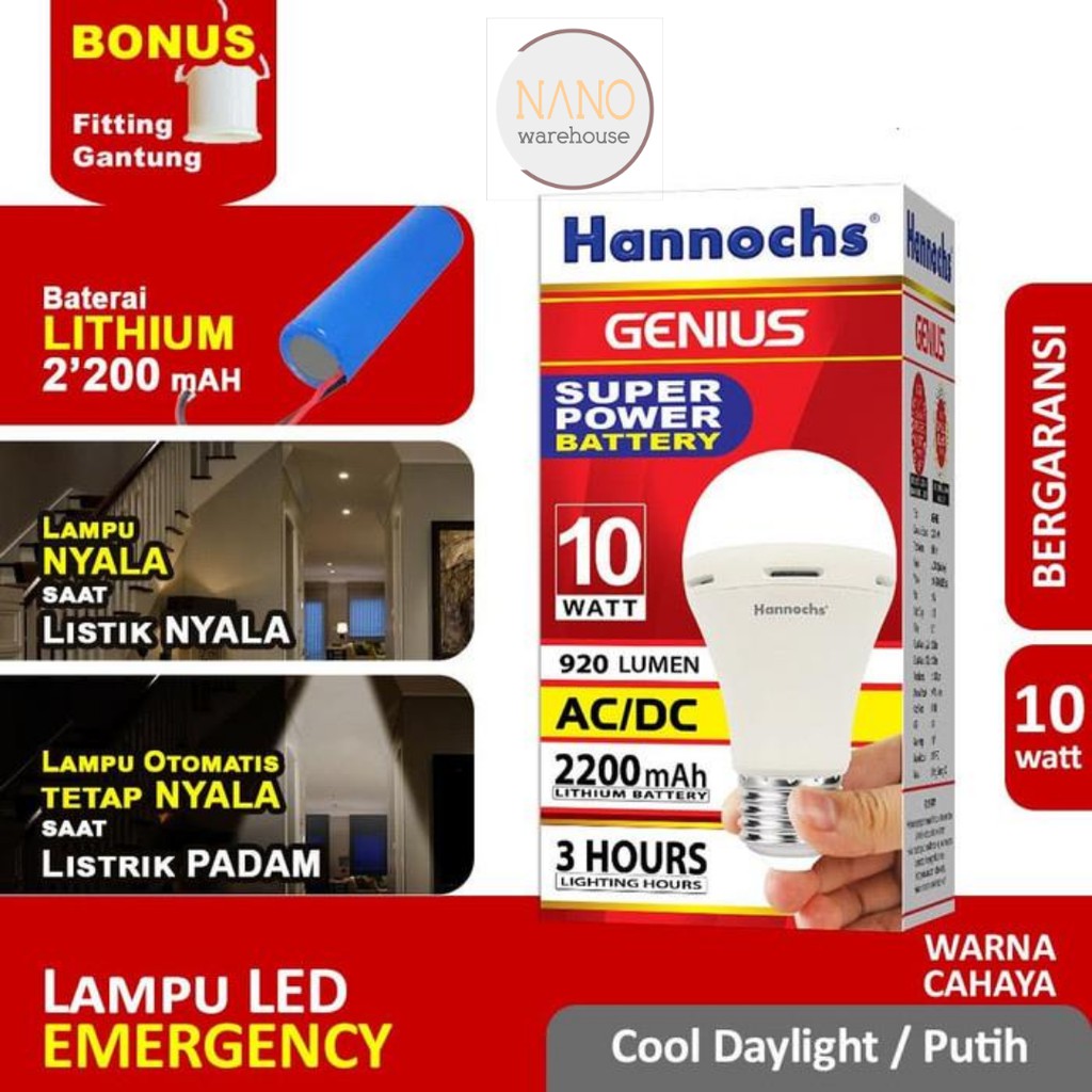 Bola Lampu Cas Darurat Emergency Hannochs LED Genius 10w AC/DC Putih Otomatis Nyala