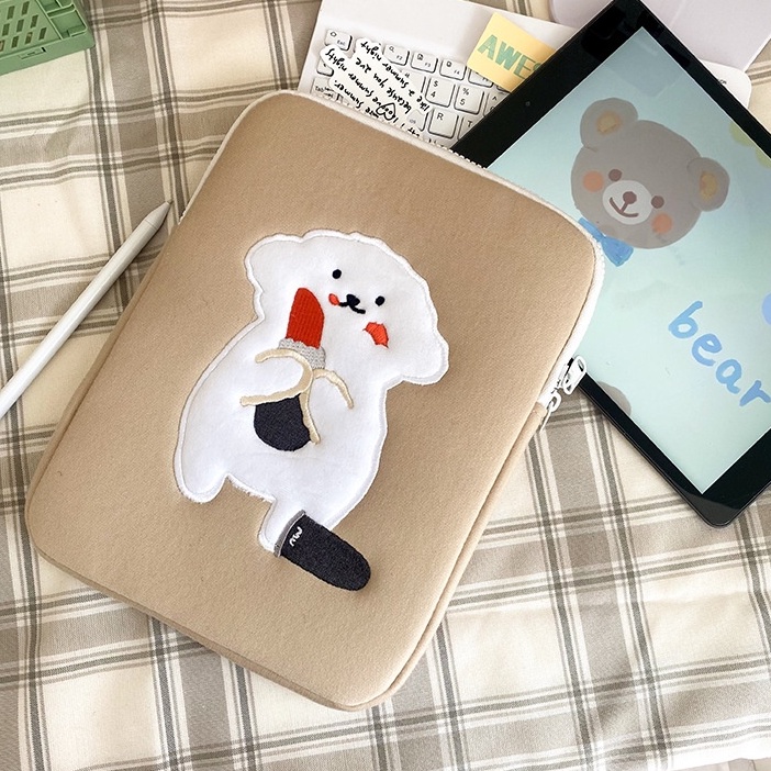 Sleeve Pouch Sarung Tas Bag Case Ipad Tab Tablet Macbook Air Pro Laptop Asus Acer Lenovo HP Huawei 11 12 13 14 15 inch Motif Gambar Kartun Anjing  Dog Poodle Warna  SOft Brown Khaki Cute Murah Korean Model