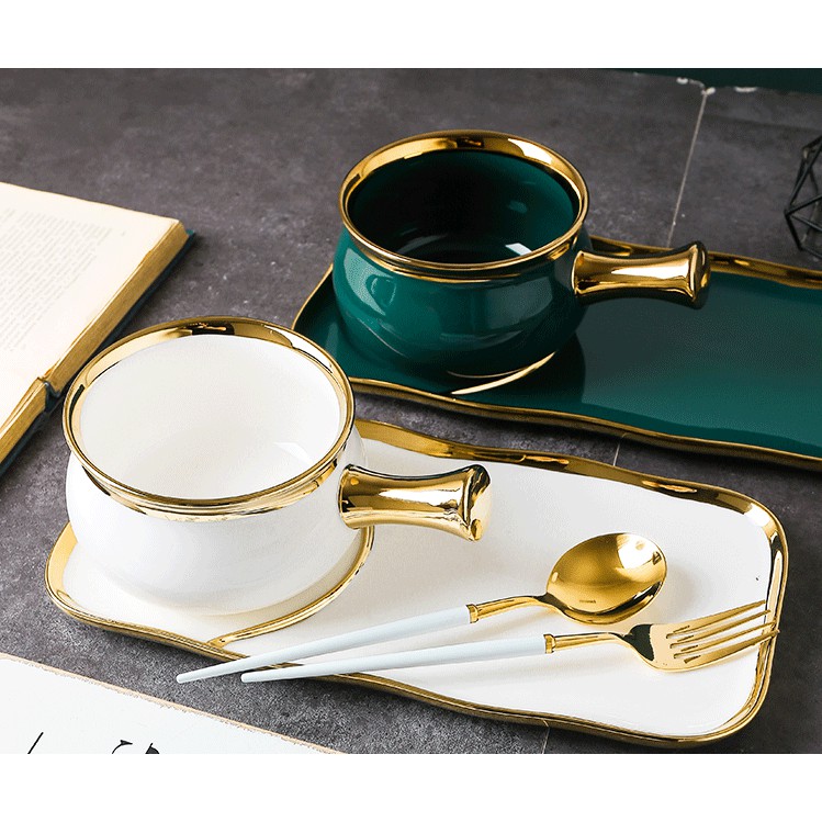 Breakfast Set 2in1 Ceramic Handle Bowl Tray / Mangkuk Gagang Keramik / Piring Makan Mangkuk Saji Sar
