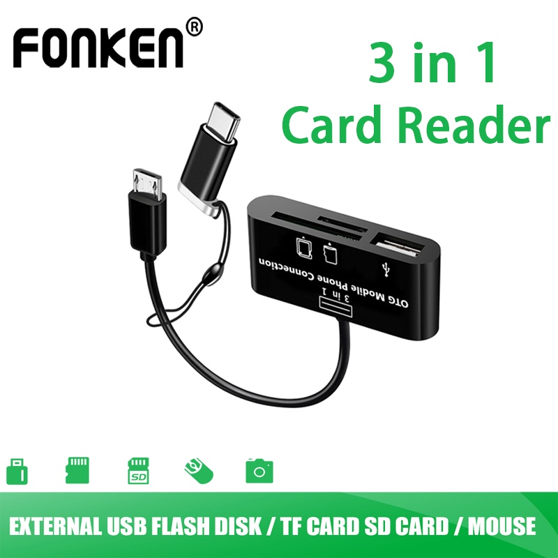 Fonken Card Reader Micro Usb / Tipe-C / Sd / Tf / Otg 3 In 1 Untuk Smartphone / MCB / Tablet