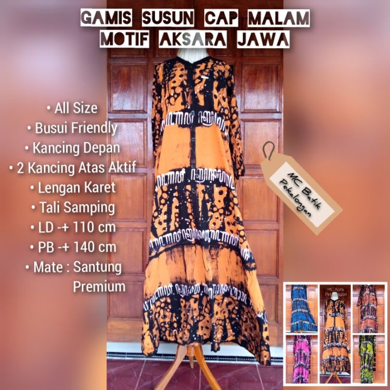 Gamis Batik Susun Cap Malam Motif Aksara Jawa