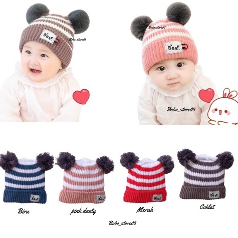 Bobo_store03 Kupluk Anak Bayi BEAR Topi Anak Lucu Model dua warna  kupluk Usia 0 Sampai 3 Tahun Kualitas Terbaik