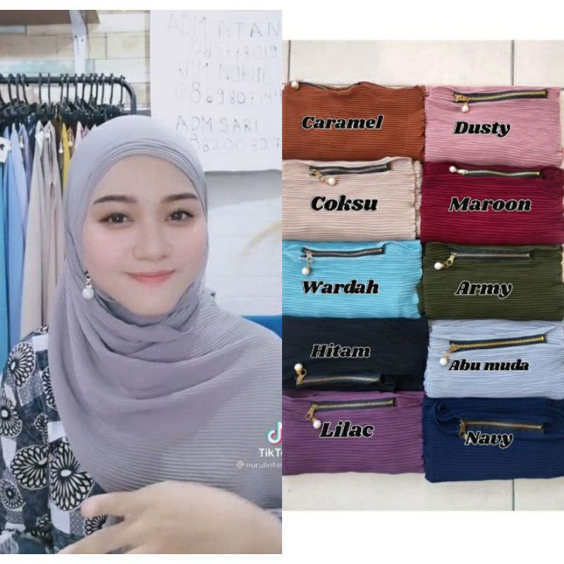 Hijab Instan Plisket Zipper Pasmina Plisket Pakai Resleting Bahan Ceruty Babydoll