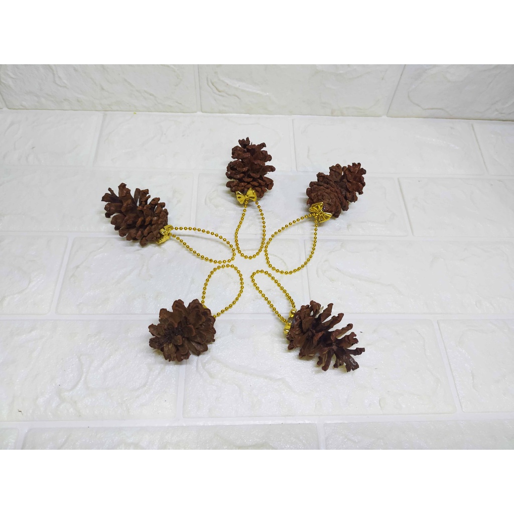 (5 pcs) Gantungan Pinus Pita Metal Gold - Gantungan Hiasan Pohon Natal