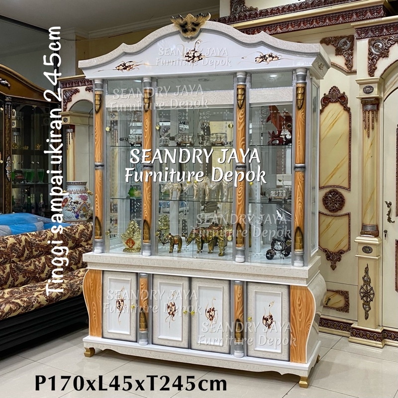 Lemari Bufet Pajangan cristal kaca 4 Pintu/serbaguna/Boneka/Tas/Kayu/Bagus/clasik ukir/Jabodetabek/j