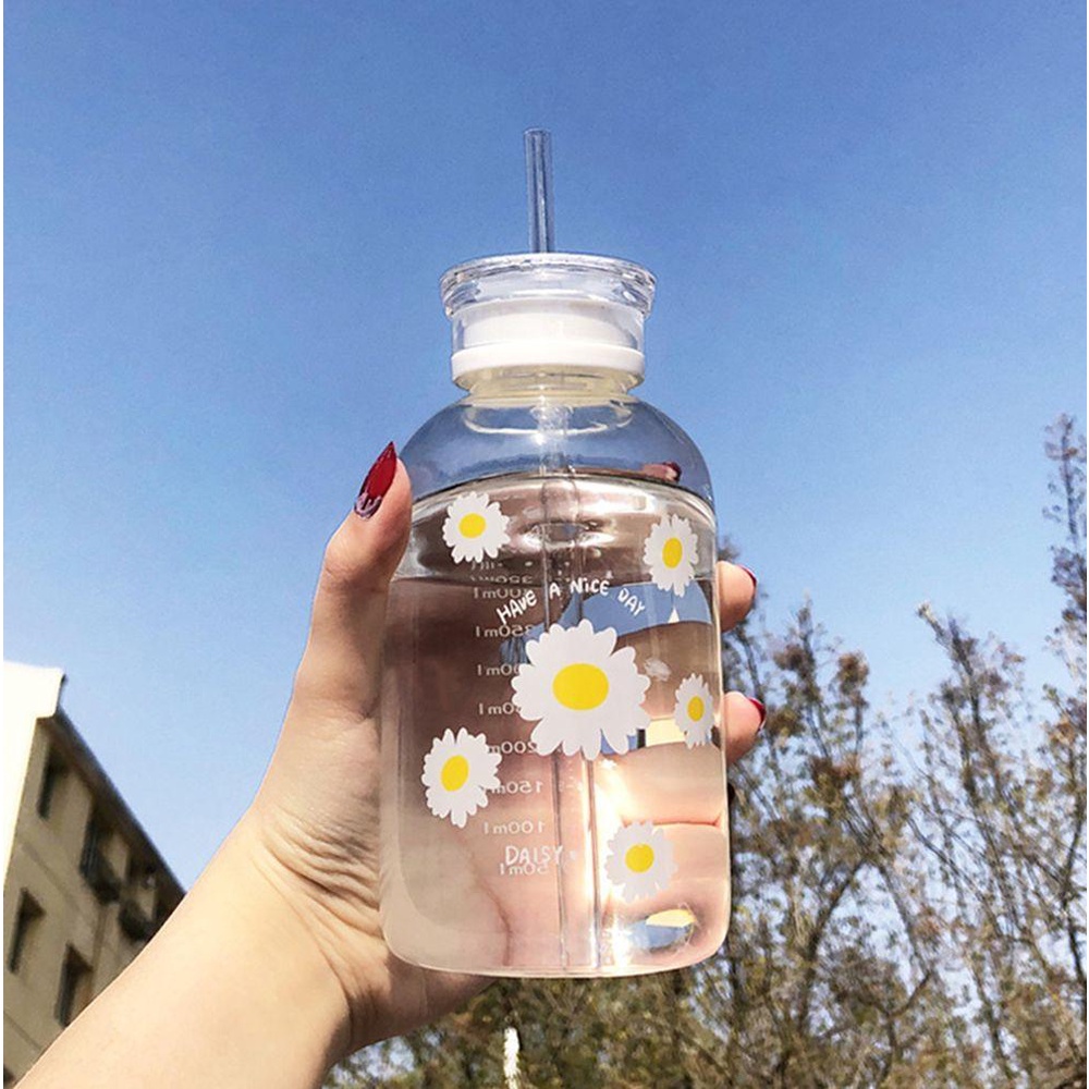 Suyo Botol Minum Dengan Sedotan Motif Bunga Daisy Frosted