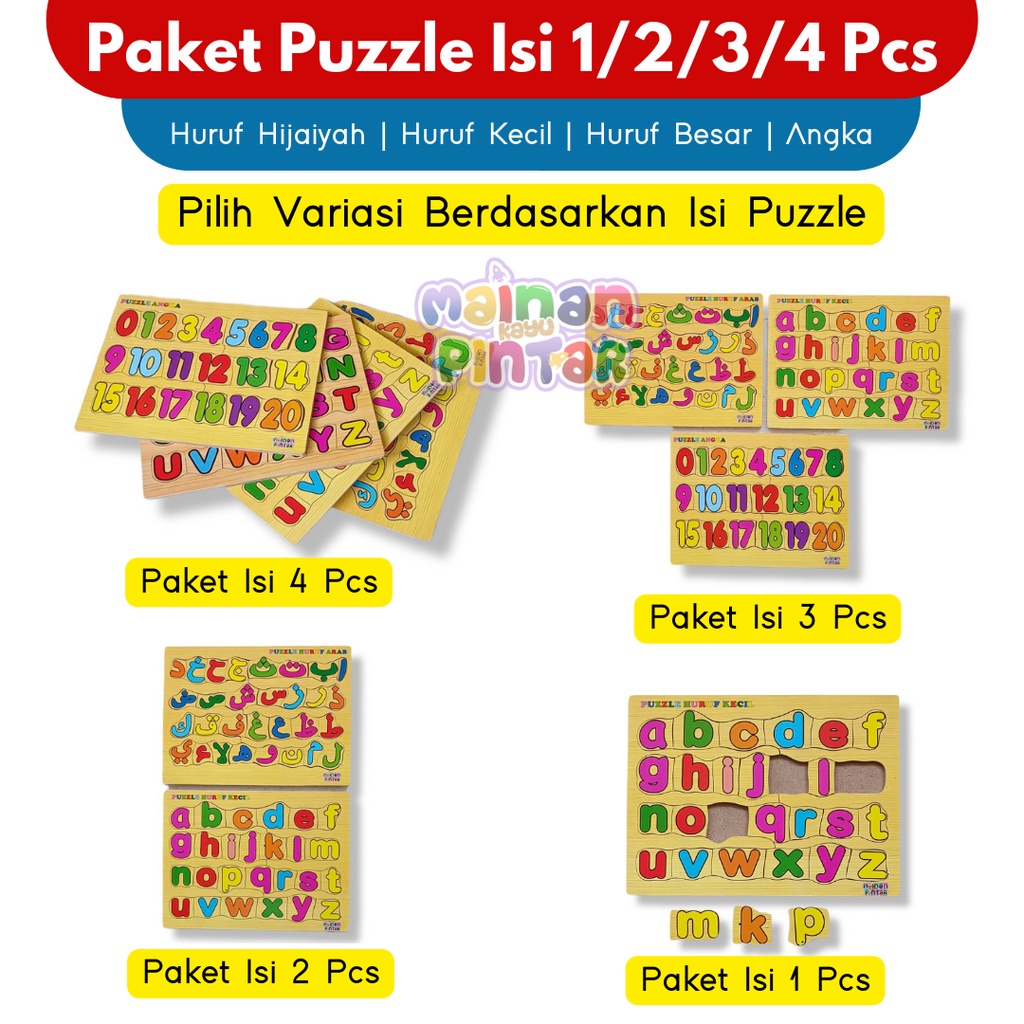 Mainan Edukasi Anak Paket Puzzle Kayu Isi 1/2/3/4 Pcs Huruf Hijaiyah Arab Huruf Besar Kecil Angka 0-20