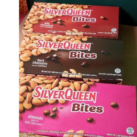 

RB SILVERQUEEN BITES 1 BOX ISI 12 PCS ALMOND MEDE DARK 30GR, SILVER QUEEN BITES CASHEW 12 X 30 GR