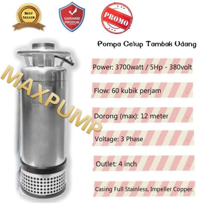 MAXPUMP WS-0504 Pompa Celup 4inch Submersible Pump 5HP Pompa Tambak Udang Kolam Ikan 3phase 380volt 60Kubik