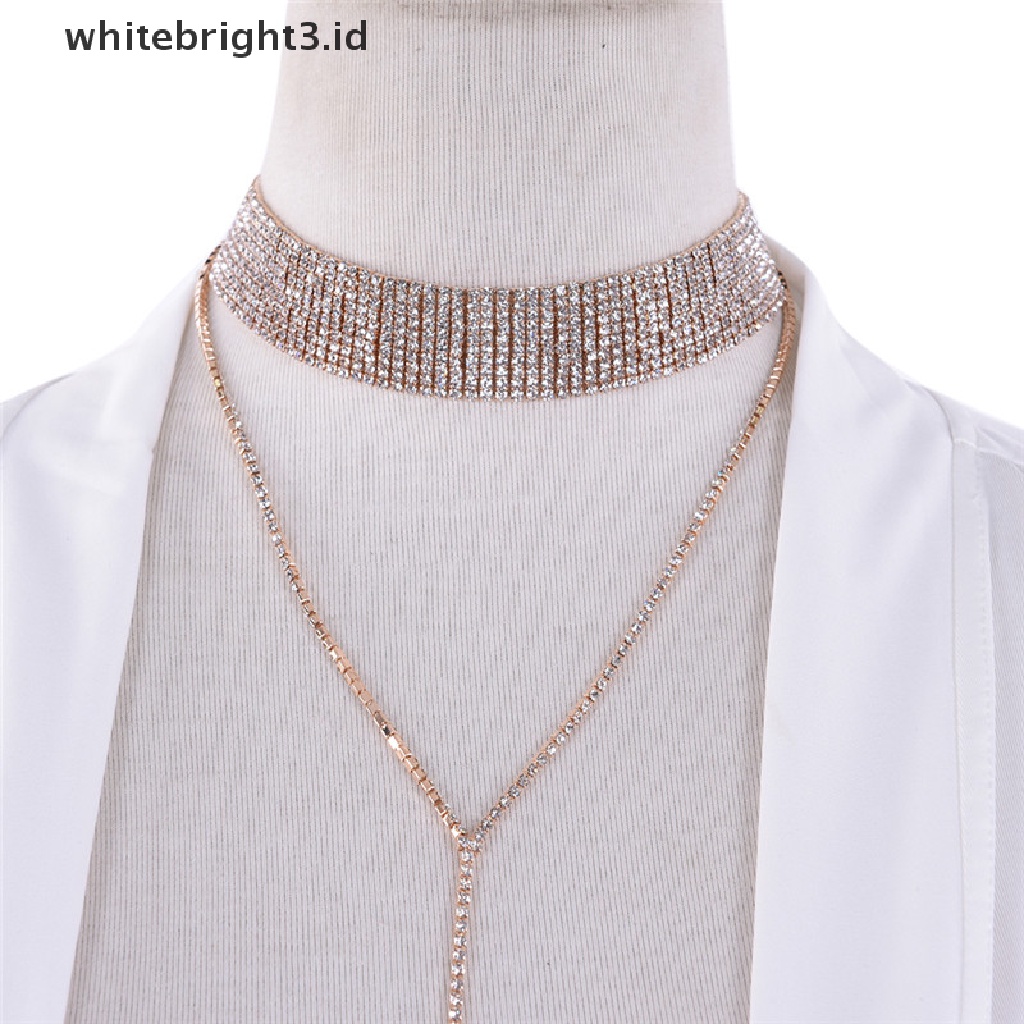 (whitebright3.id) Kalung Choker Rantai Dengan Liontin Berlian Imitasi Untuk Wanita