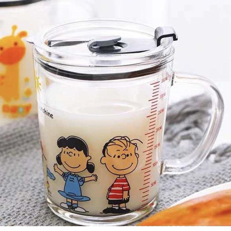 gelas susu anak /  cup / gelas kaca / dengan sedotan dan tutup 400ml D95N