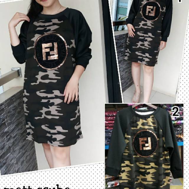 Tunik dress army wanita loreng FEND import bahan scuba big size jumbo s m l xl xxl xxxl